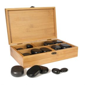 Kit di 36 pietre assortite in basalto per stone massage in elegante e pratica scatola in bamboo naturale